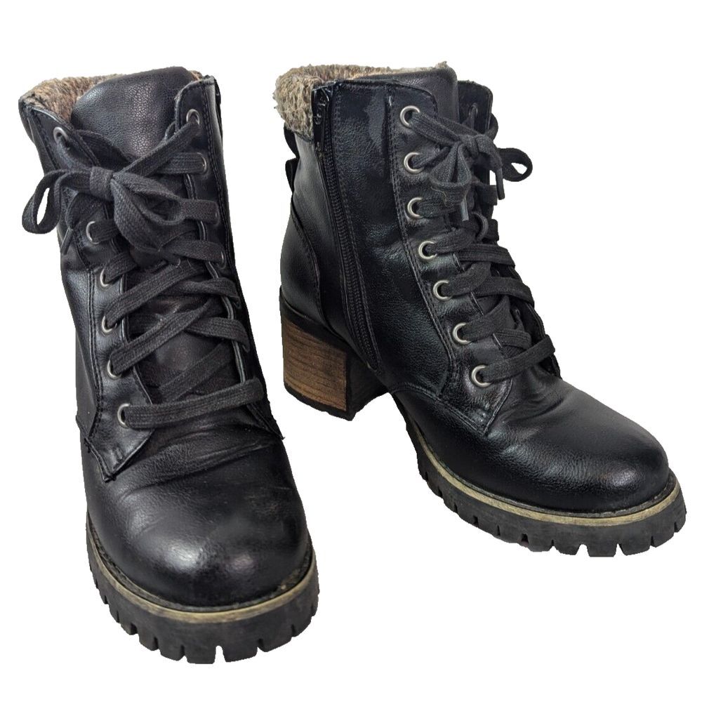 Steve Madden Comfort Combat Booties Faux Fur Trim Size 6 Lace Up /Side Zip Black